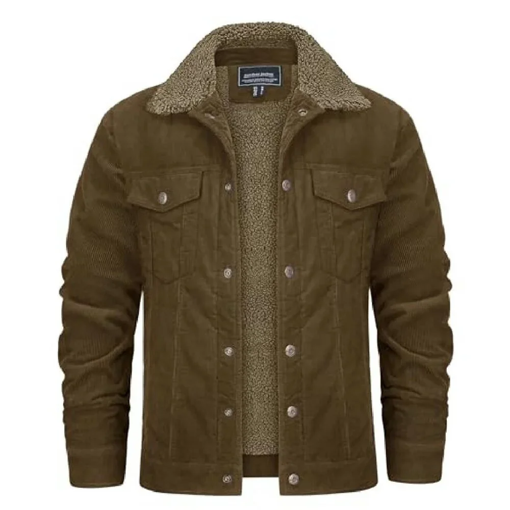 Men's Corduroy Sherpa Lined Trucker Jacket, Warm Winter Coat, Casual Work